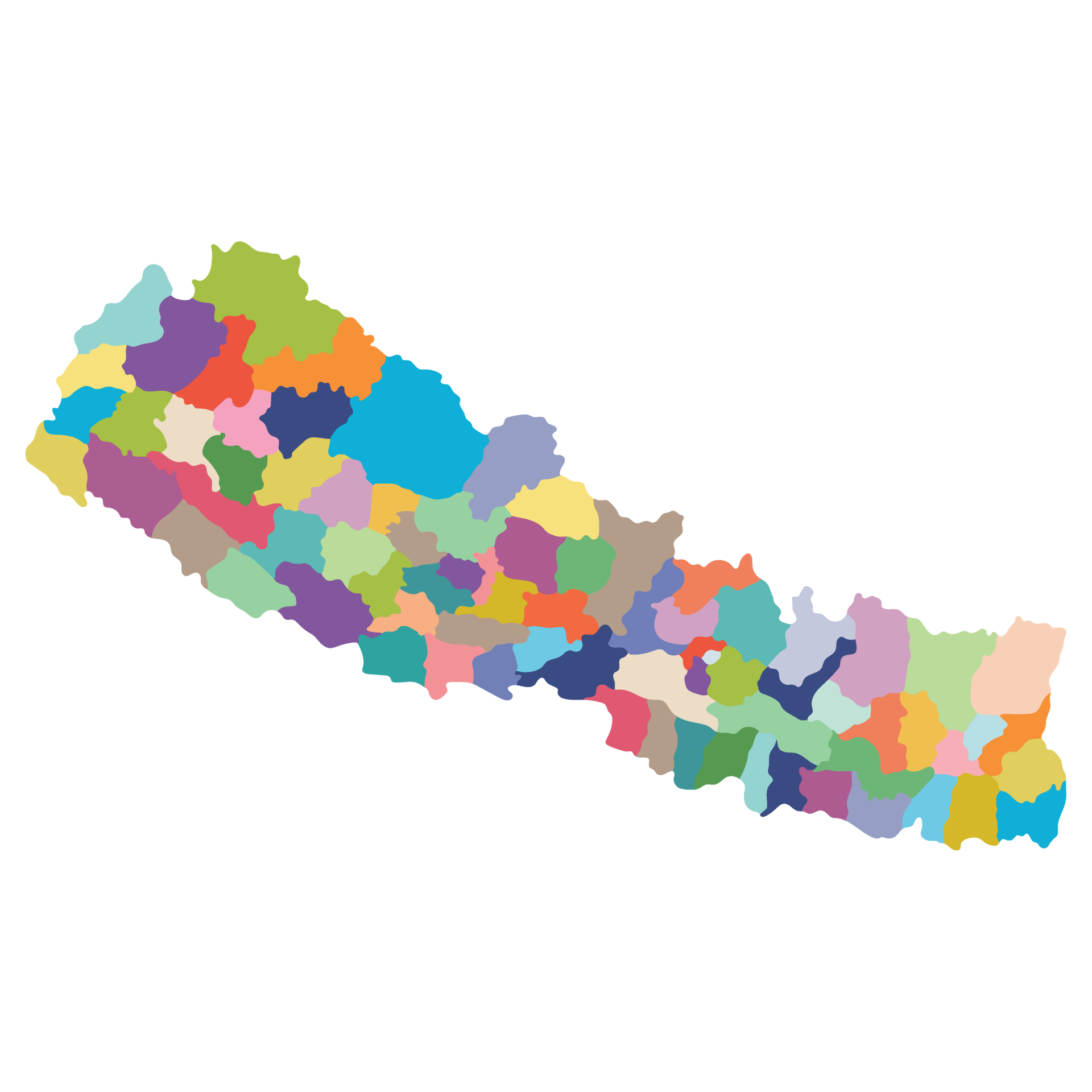 Nepal map. Map of Nepal in administrative Districts in multicolor