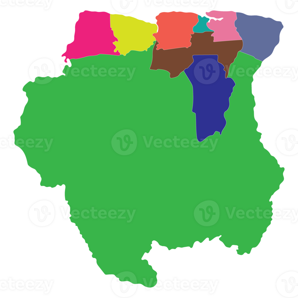 suriname Karta. Karta av suriname i administrativ provinser i Flerfärgad png