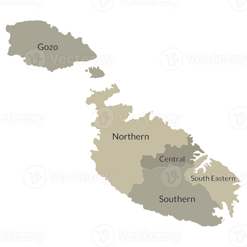 Malta map. Map of Malta in five main regions in multicolor png