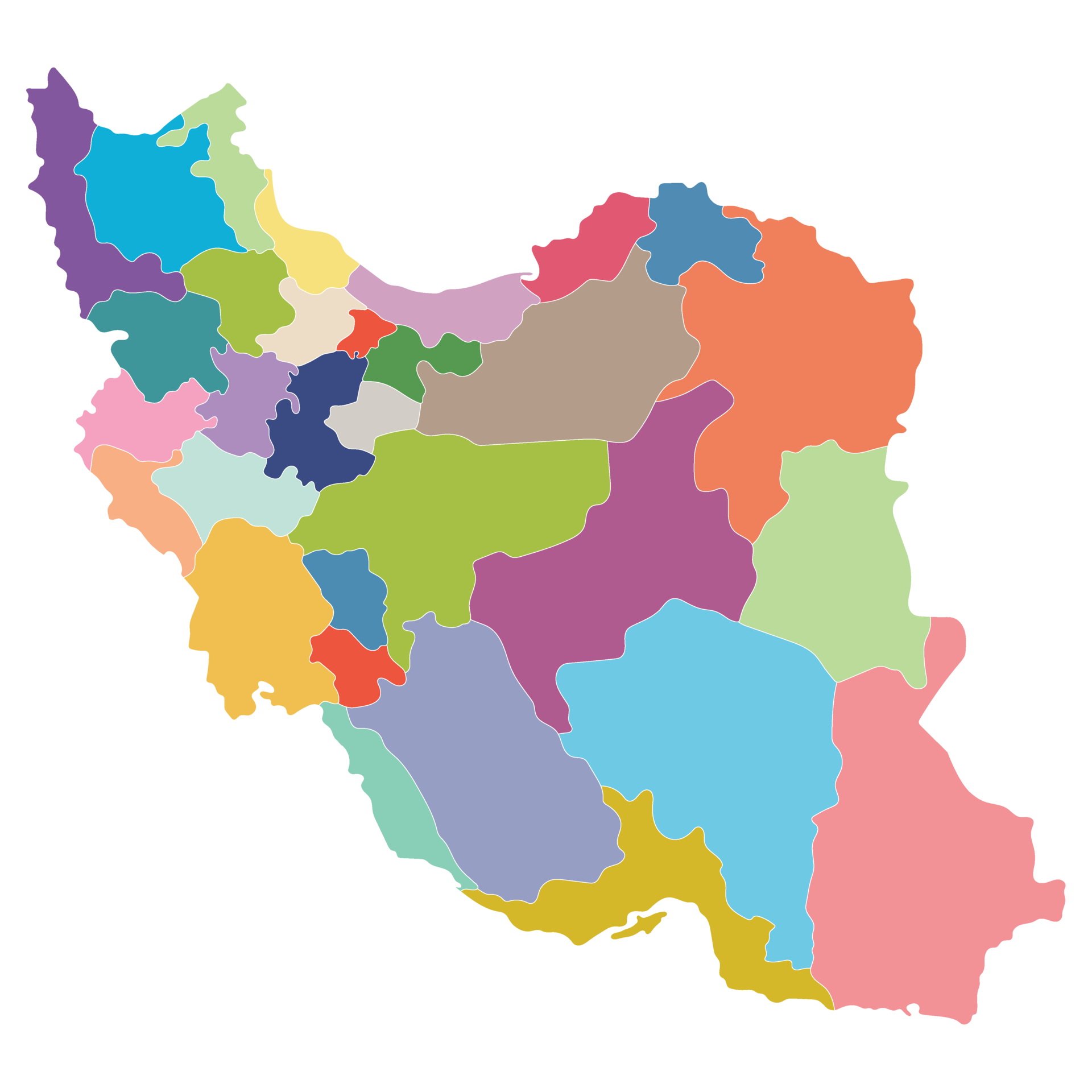 Iran map. Map of Iran in administrative provinces in multicolor