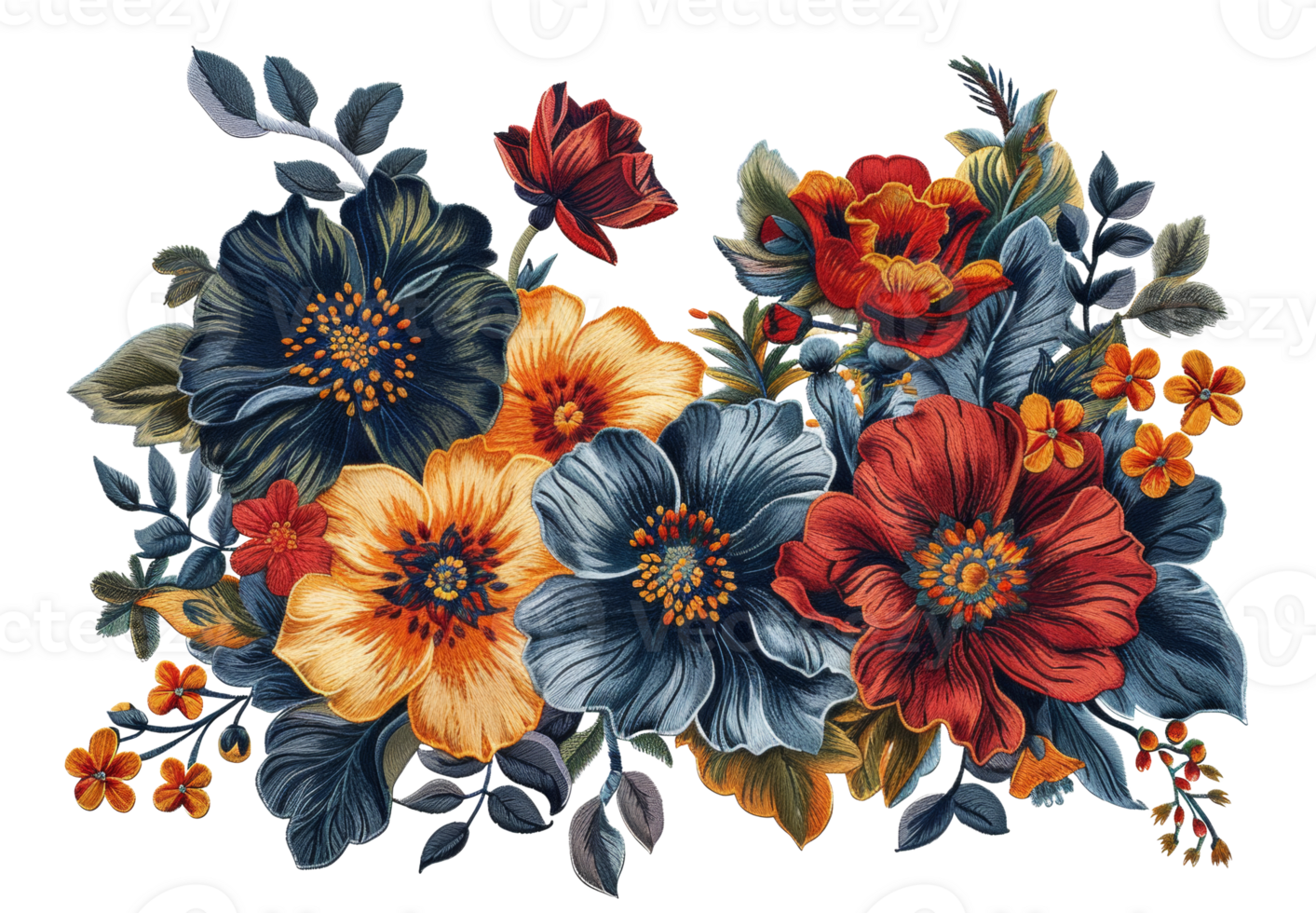 AI generated Elegant embroidered flowers in purple and orange on transparent background - stock png. png