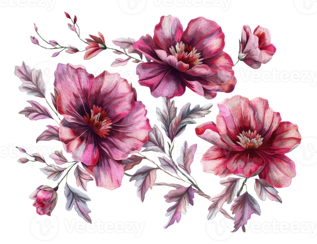 AI generated Elegant embroidered flowers in purple and orange on transparent background - stock png. png
