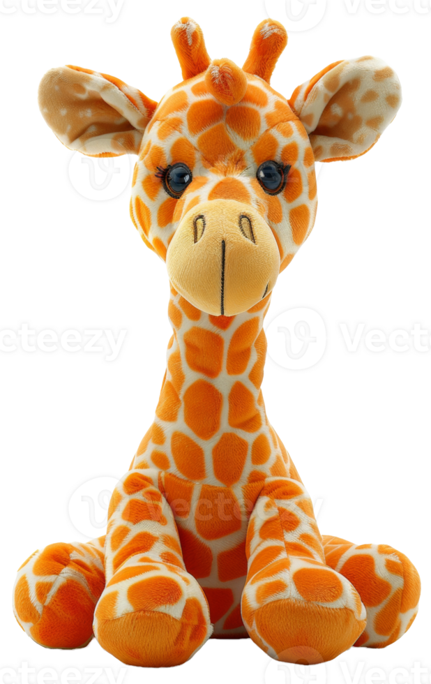 AI generated Giraffe plush toy with long neck and patterned fur on transparent background - stock png. png