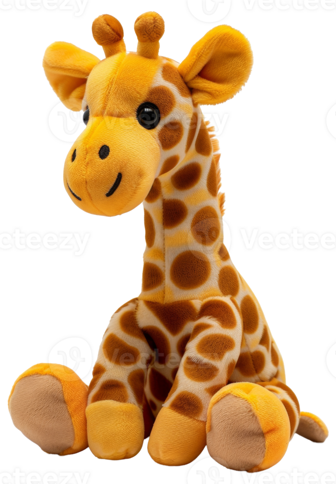 AI generated Giraffe plush toy with long neck and patterned fur on transparent background - stock png. png