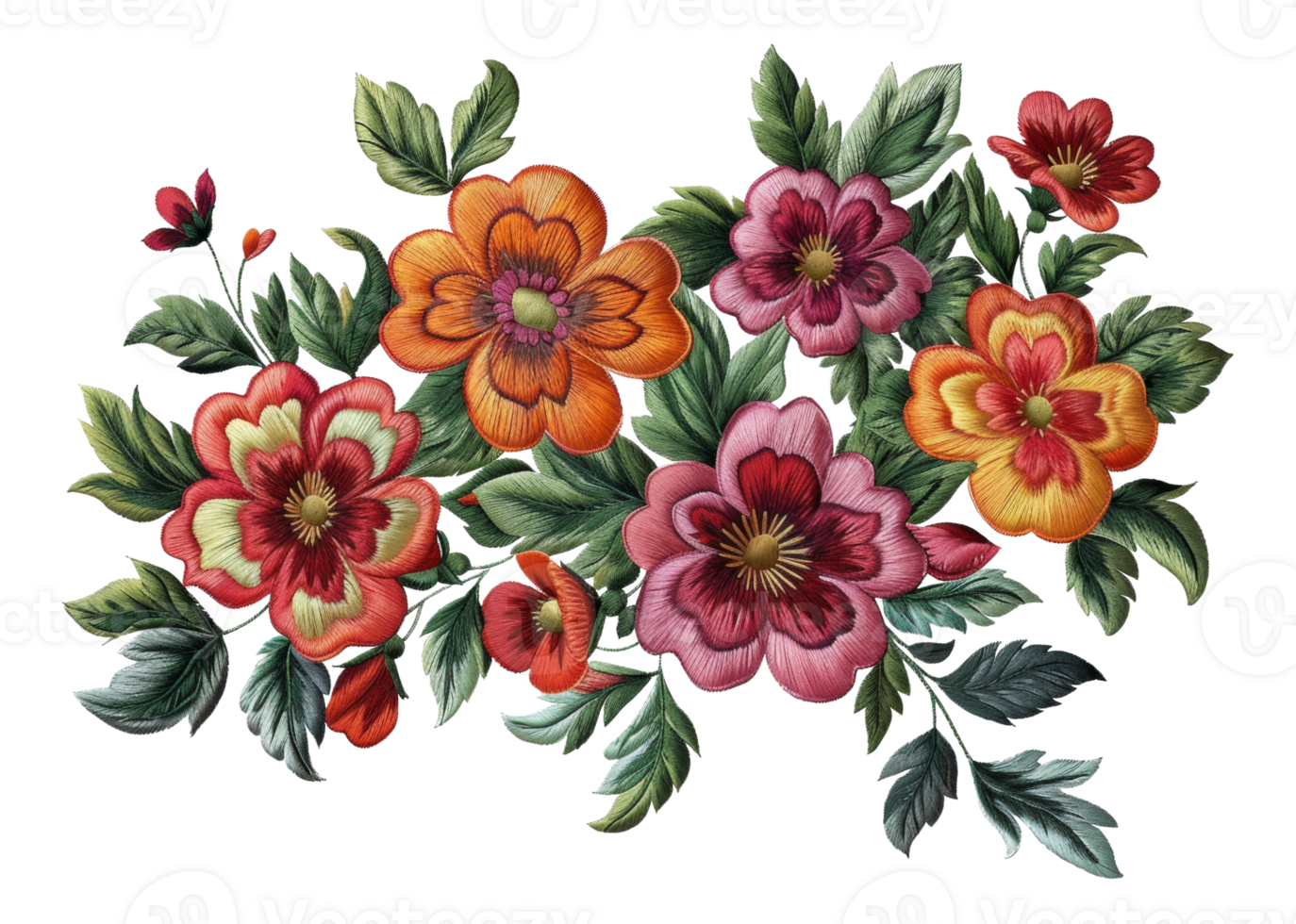 AI generated Exquisite botanical embroidery art with colorful flowers on transparent background - stock png. png