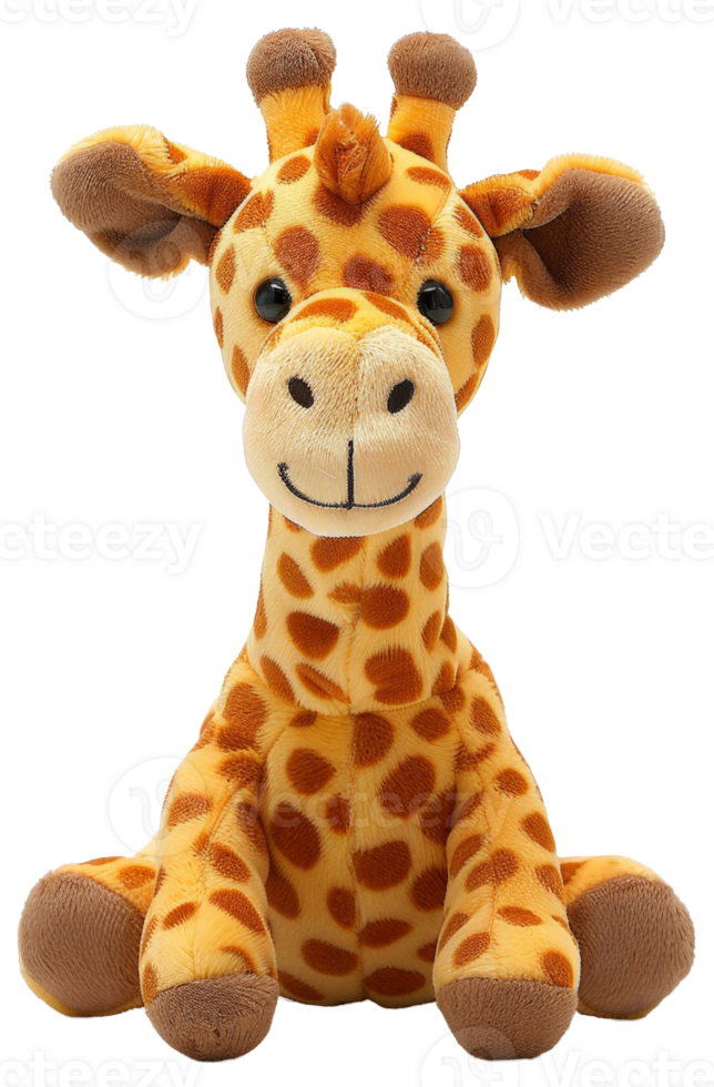 AI generated Giraffe plush toy with long neck and patterned fur on transparent background - stock png. png
