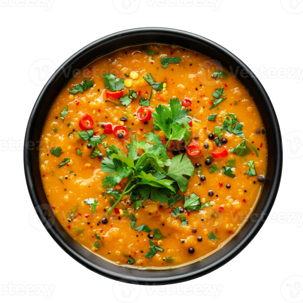 AI generated Creamy yellow lentil soup garnished with chili and fresh herbs on transparent background - stock png. png