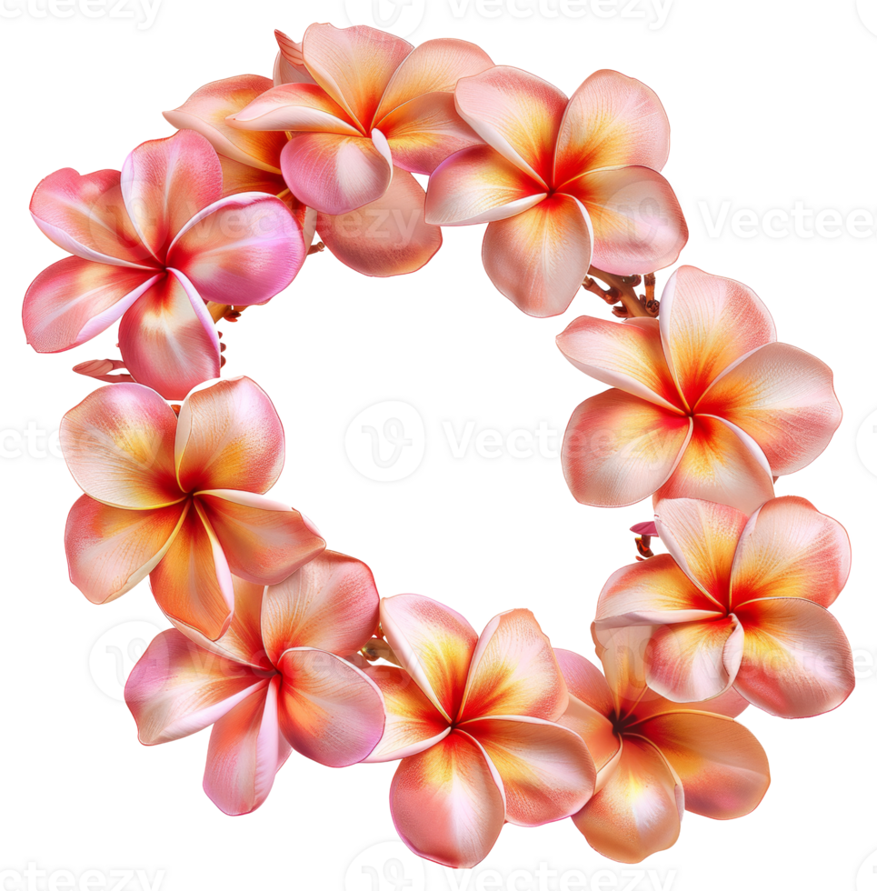 AI generated Vibrant frangipani flowers forming a circular pattern on transparent background - stock png. png