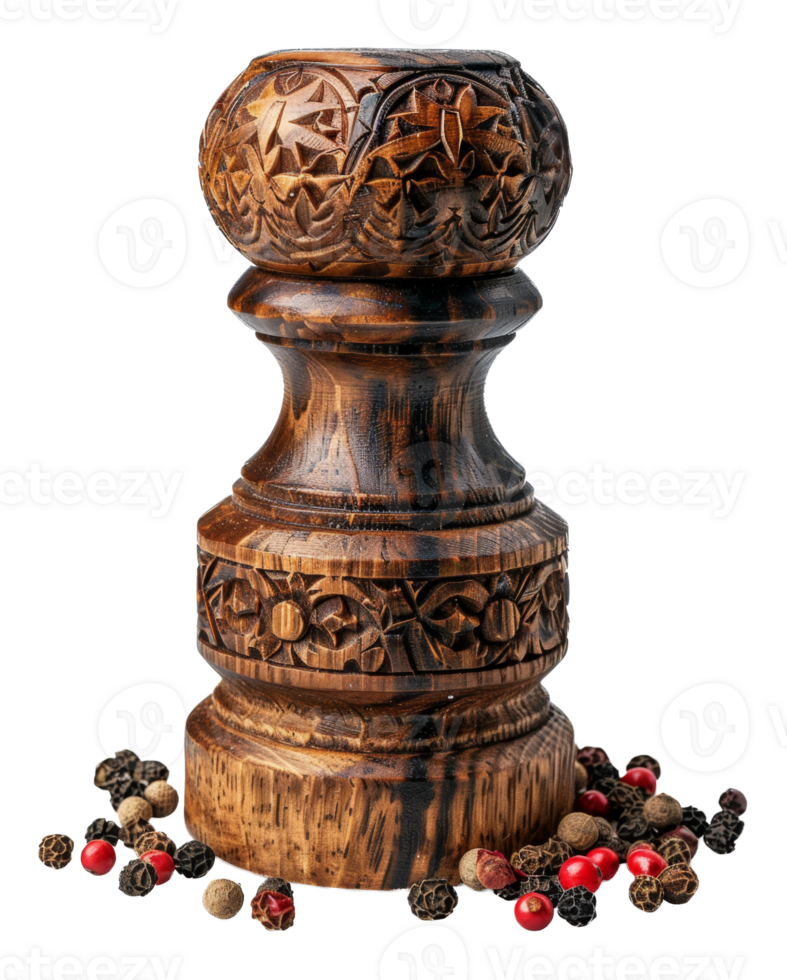 AI generated Wooden pepper grinder with peppercorns on transparent background - stock png. png