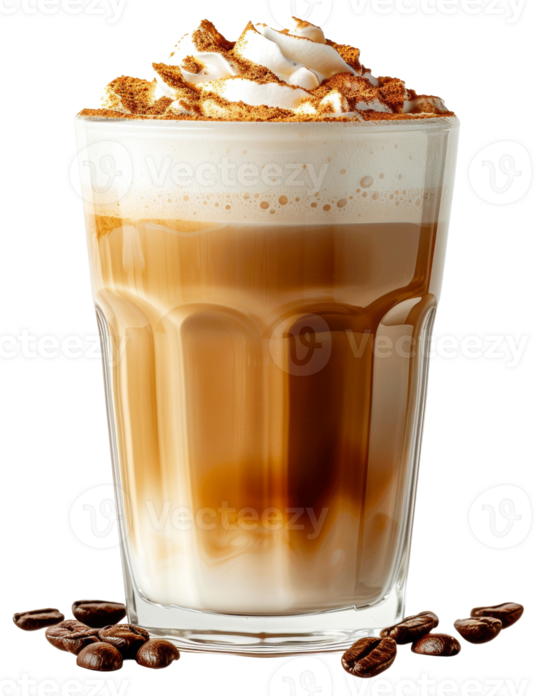 AI generated Layered cappuccino with coffee beans and cocoa on transparent background - stock png. png