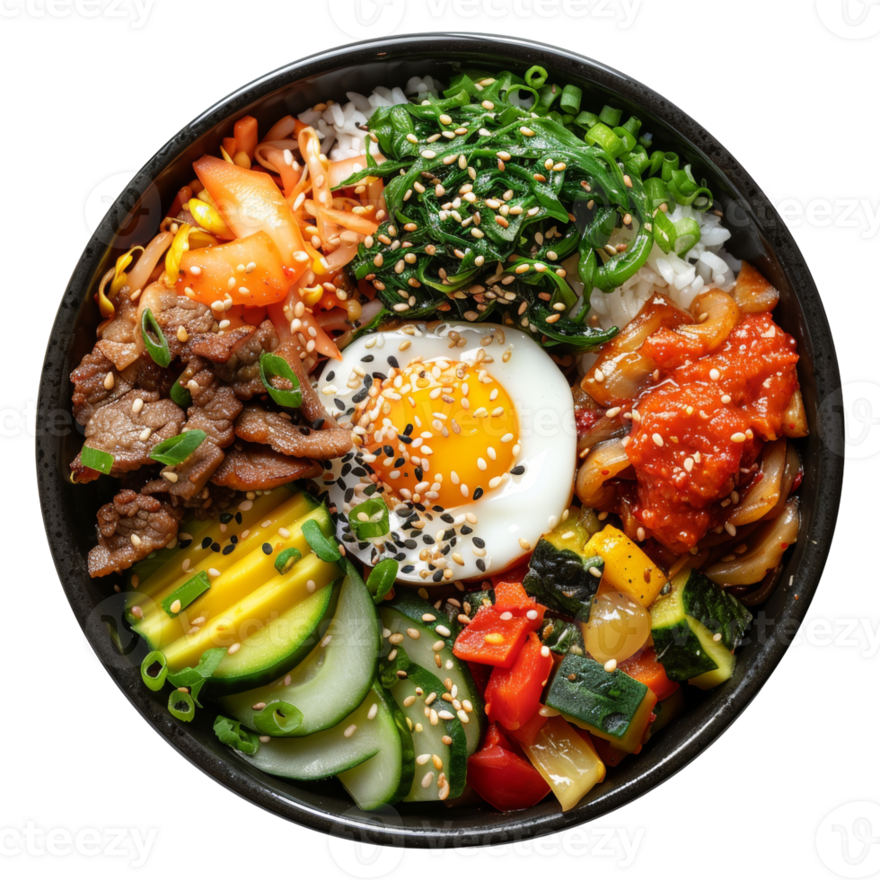 AI generated Colorful Korean bibimbap with beef, assorted vegetables, and fried egg on transparent background - stock png. png