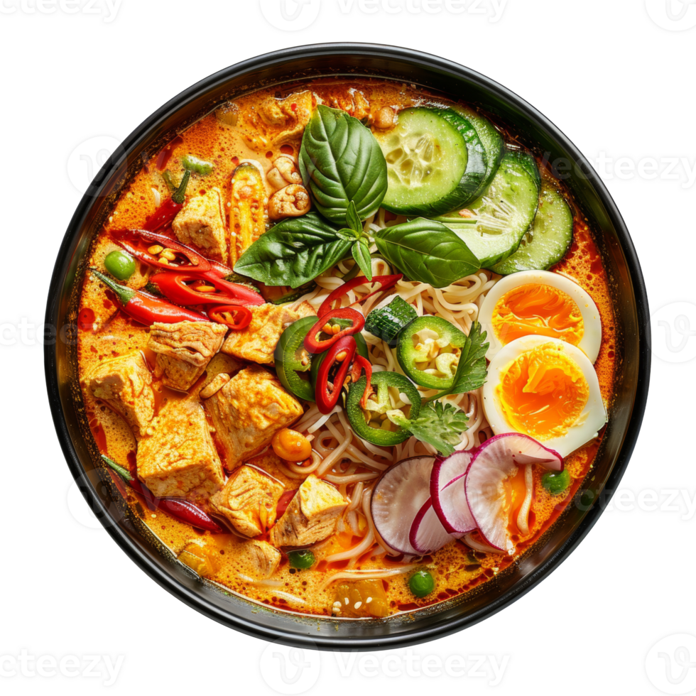 AI generated Spicy tofu noodle soup with egg, fresh vegetables, and herbs on transparent background - stock png. png