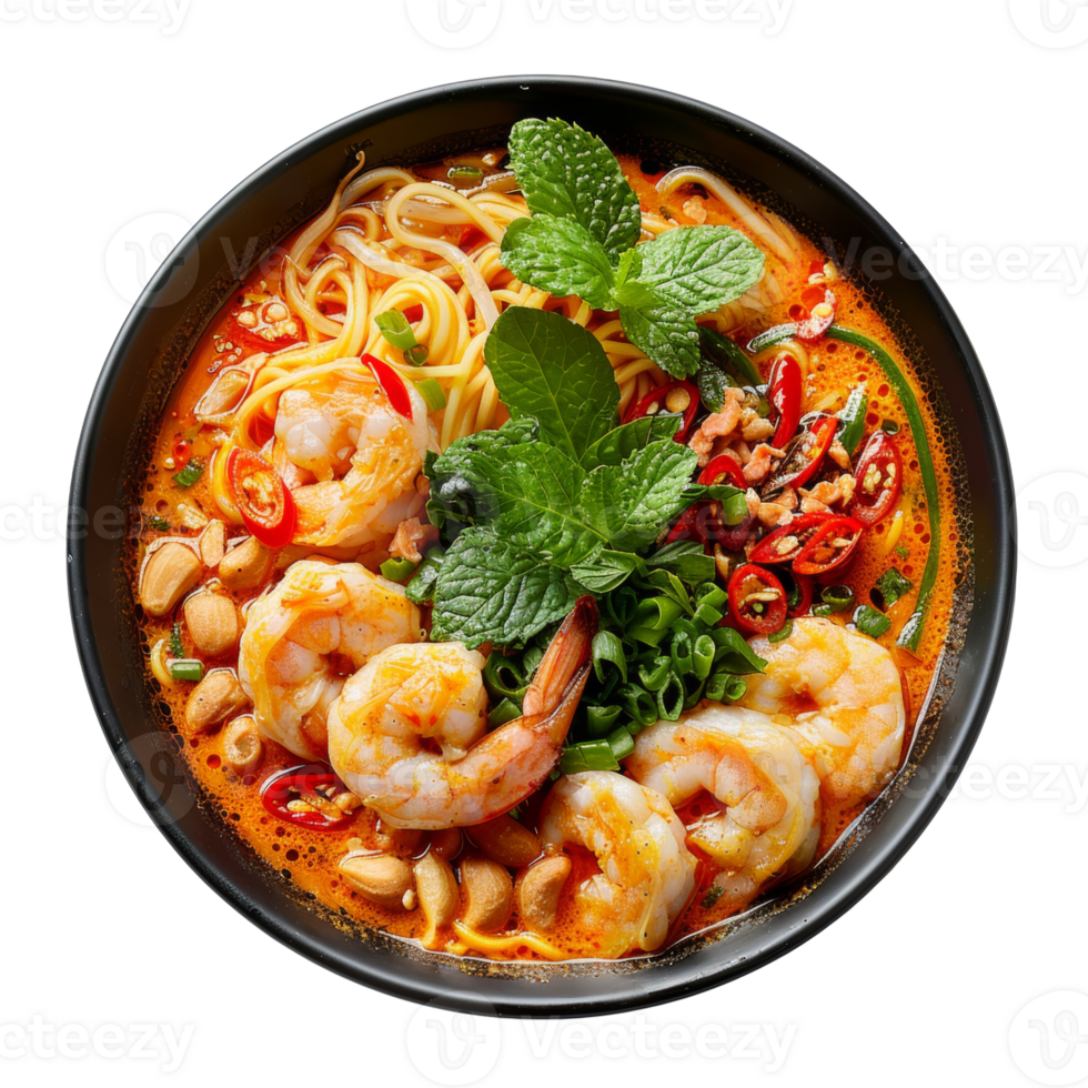 AI generated Exotic seafood noodle soup with shrimp, spices, and fresh herbs on transparent background - stock png. png