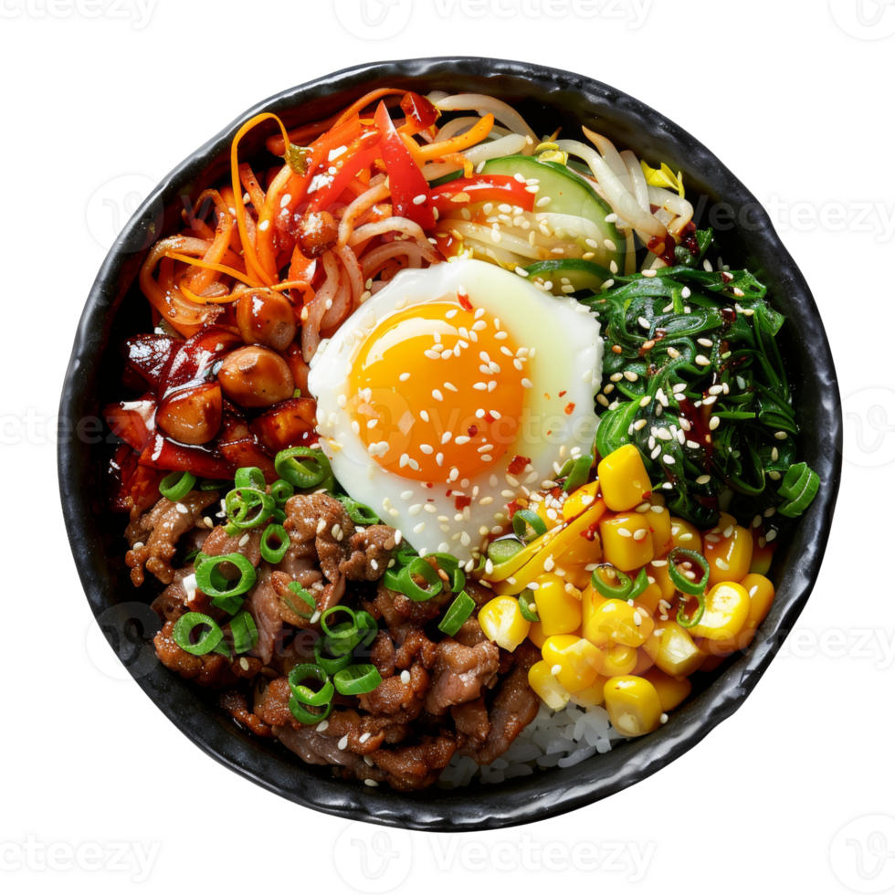 AI generated Colorful Korean bibimbap with beef, assorted vegetables, and fried egg on transparent background - stock png. png