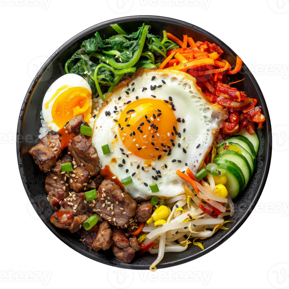AI generated Colorful Korean bibimbap with beef, assorted vegetables, and fried egg on transparent background - stock png. png