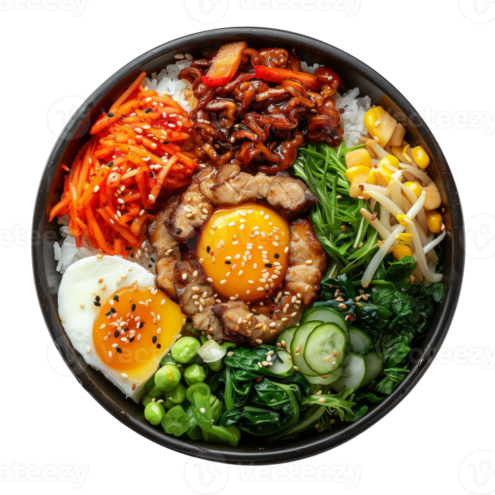 AI generated Colorful Korean bibimbap with beef, assorted vegetables, and fried egg on transparent background - stock png. png