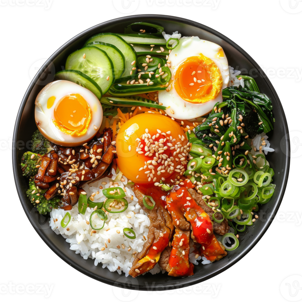 AI generated Colorful Korean bibimbap with beef, assorted vegetables, and fried egg on transparent background - stock png. png