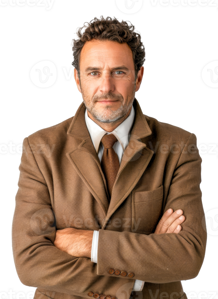 AI generated Mature businessman with crossed arms in brown coat on transparent background - stock png. png