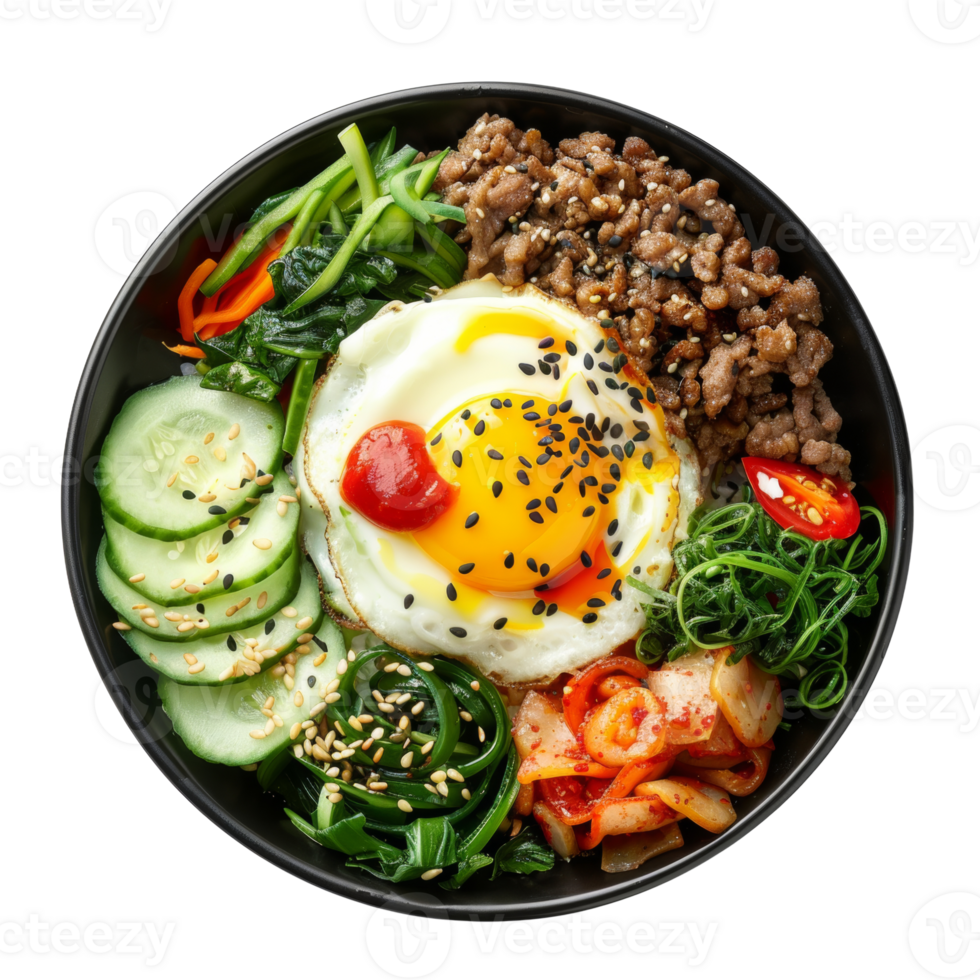 AI generated Colorful Korean bibimbap with beef, assorted vegetables, and fried egg on transparent background - stock png. png