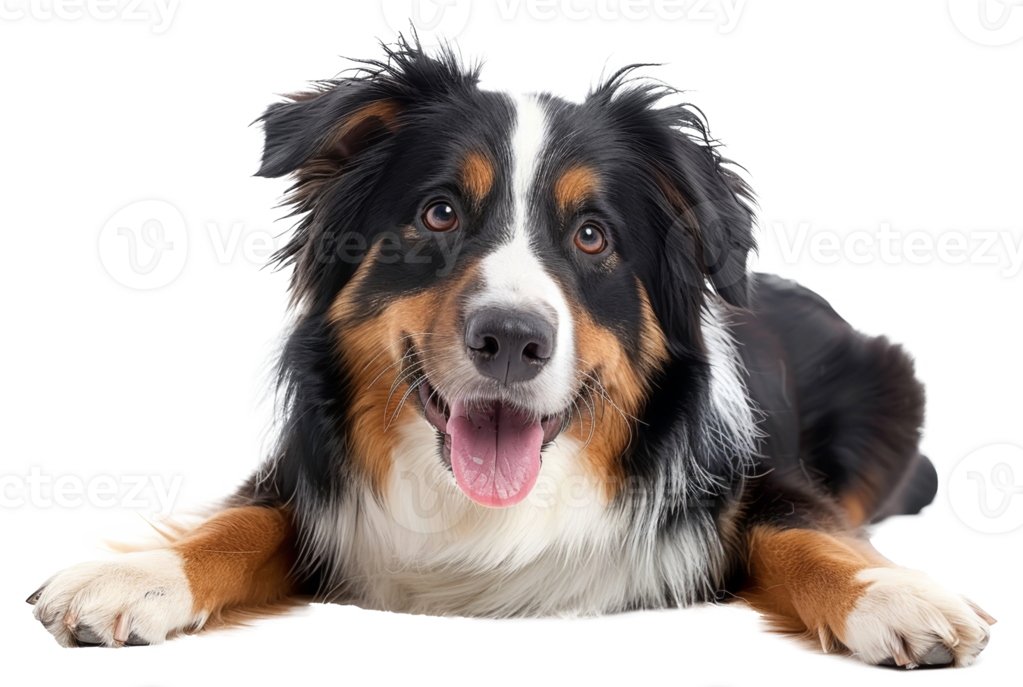 AI generated Happy Australian shepherd dog lying down with tongue out on transparent background - stock png. png