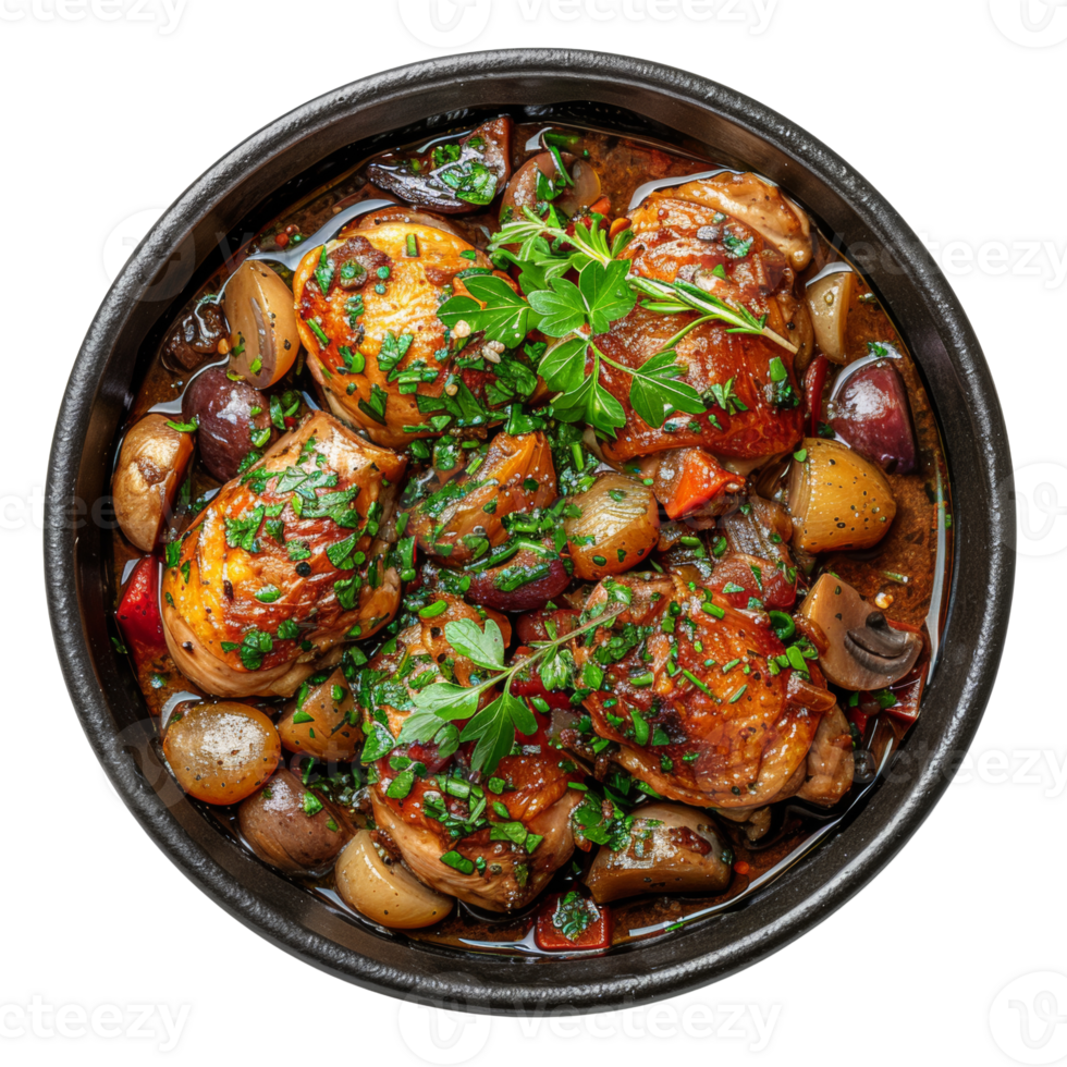 AI generated Rustic chicken thigh stew with potatoes and mushrooms in savory sauce on transparent background - stock png. png