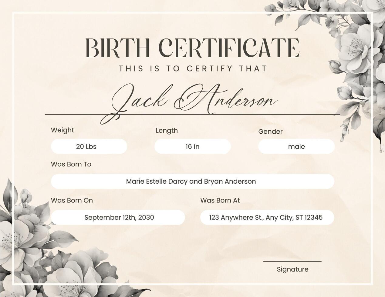 Beige Minimalist Floral Birth Certificate template