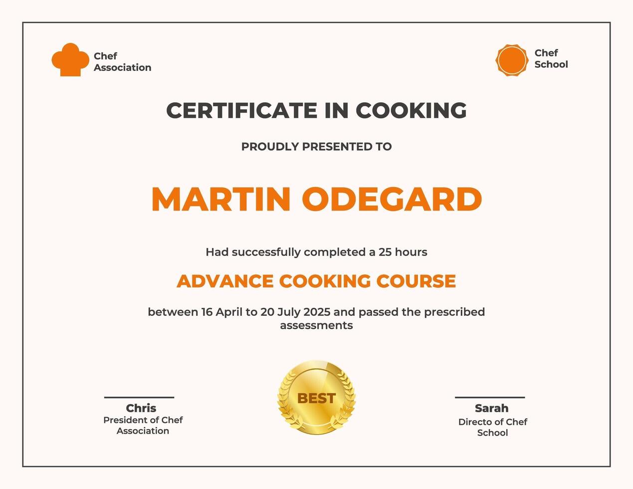 Cooking Course Minimalist Certificate template