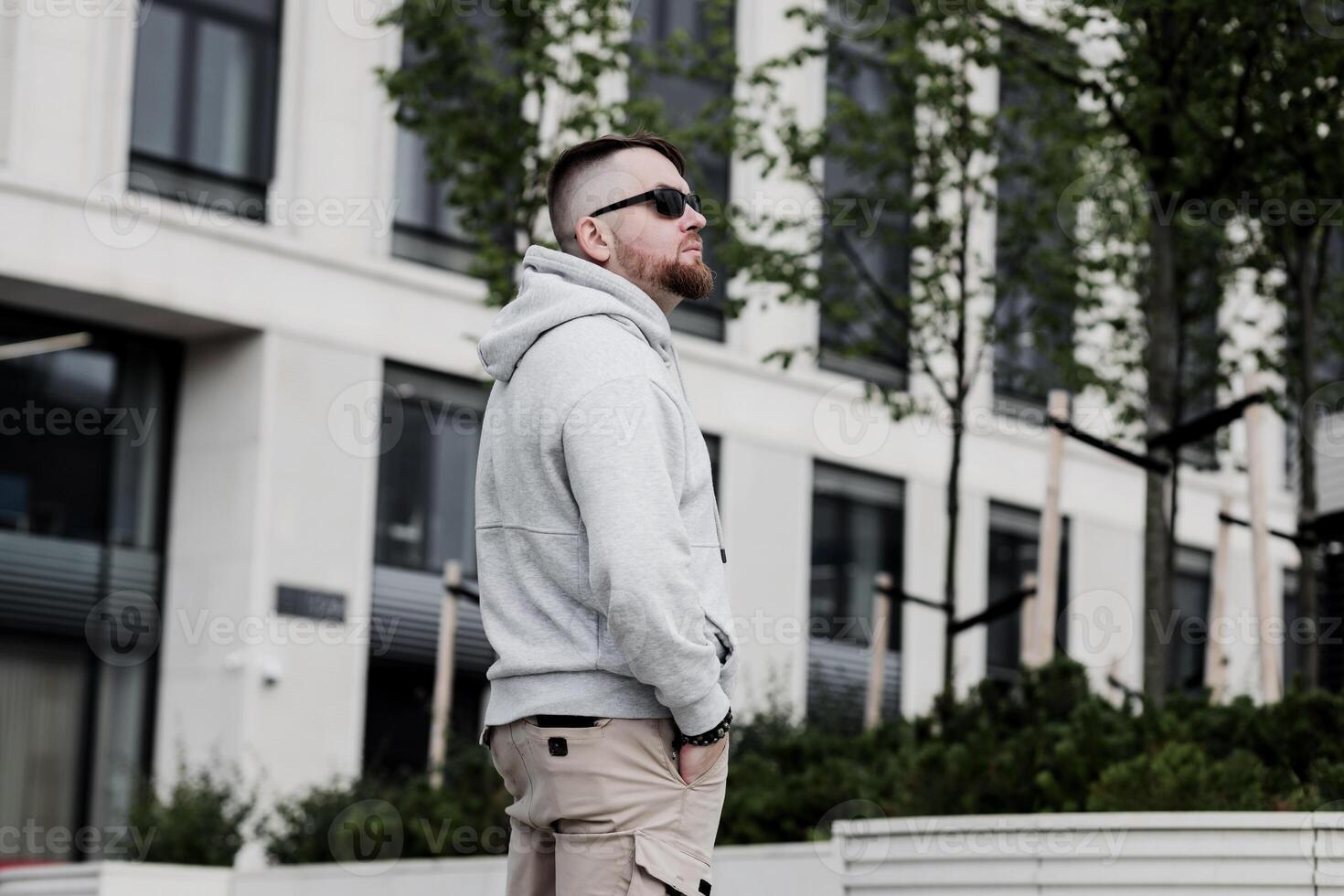 Male model wearing gray sweatshirt photo