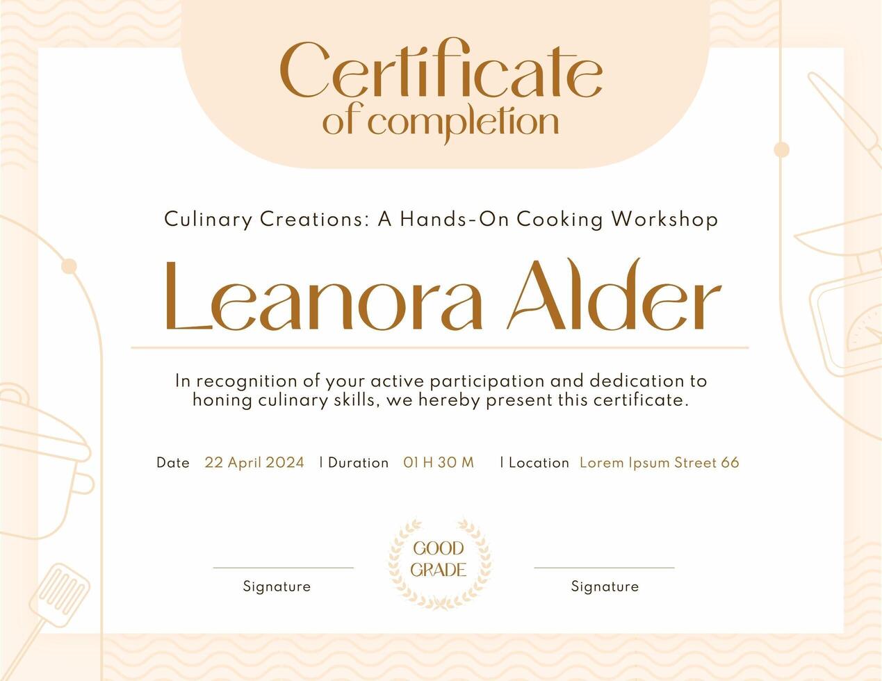 Minimalist Simple Cream Brown Cooking Class Workshop Certificate Template