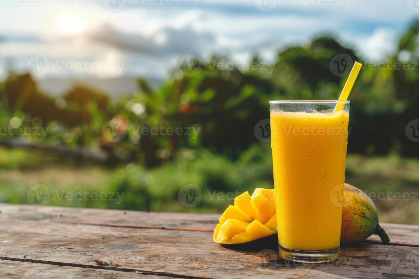 AI generated Mango smoothie Drink on wooden table with beautiful farm background photo