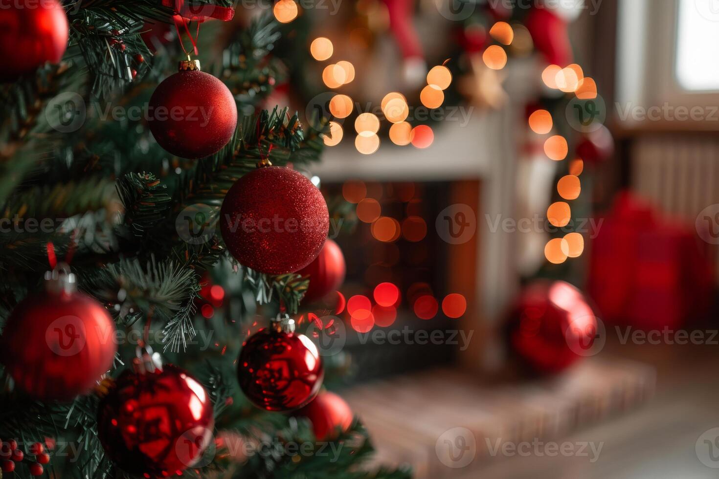 AI generated Close up Christmas tree decorated with Red balls in the living room and fireplace with lights and red gifts banner background greeting card illustration December xmas celebrate photo