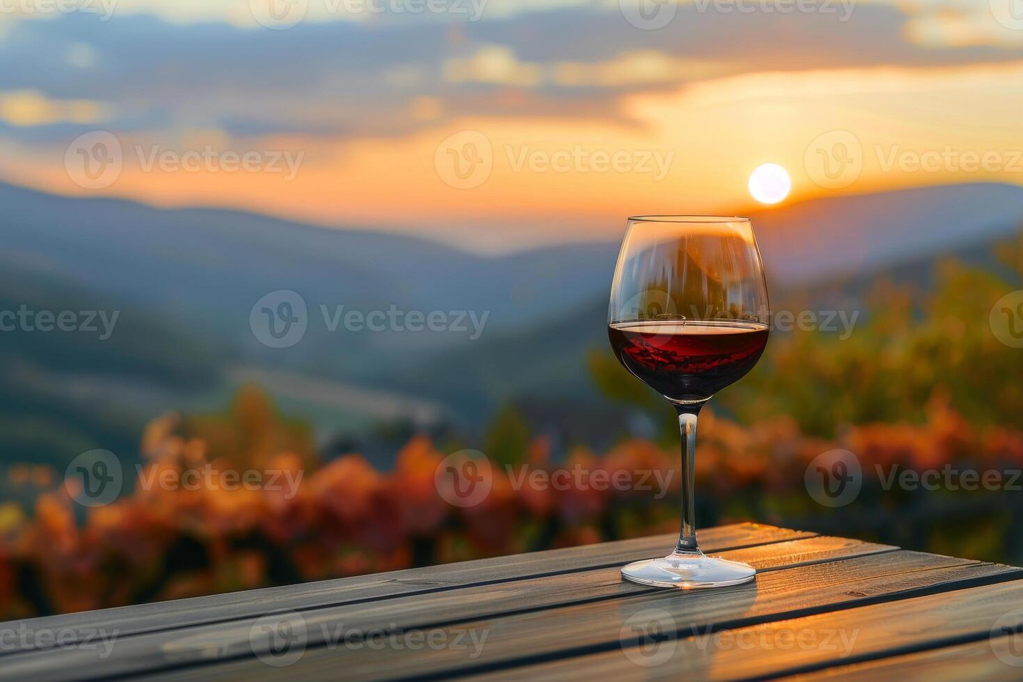 AI generated Wine and Wine glass on wooden table with beautiful farm View background photo