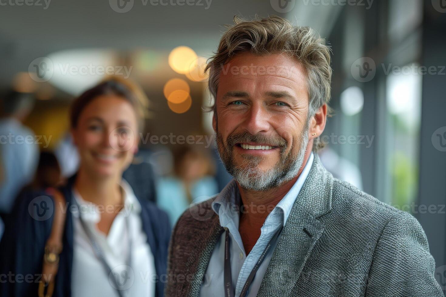 AI generated Confident Businessman Two happy executive colleagues partners having conversation discussing standing in Modern corporate office photo