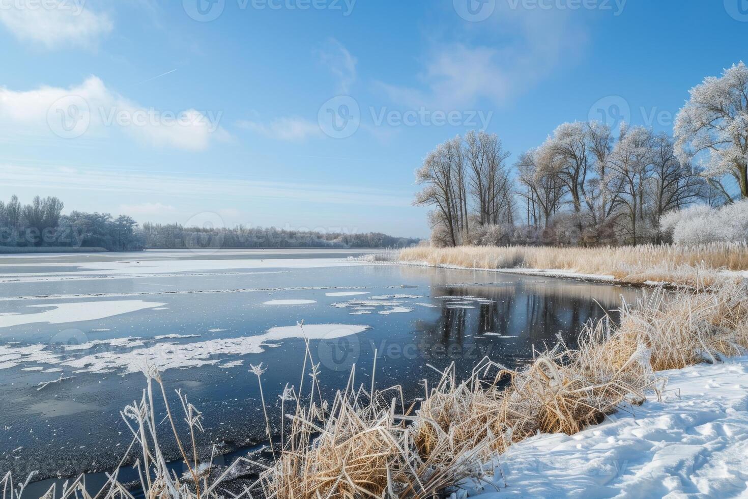 AI generated a lake with an ice in the winter nature Flower in forest landscape with sunrise background photo