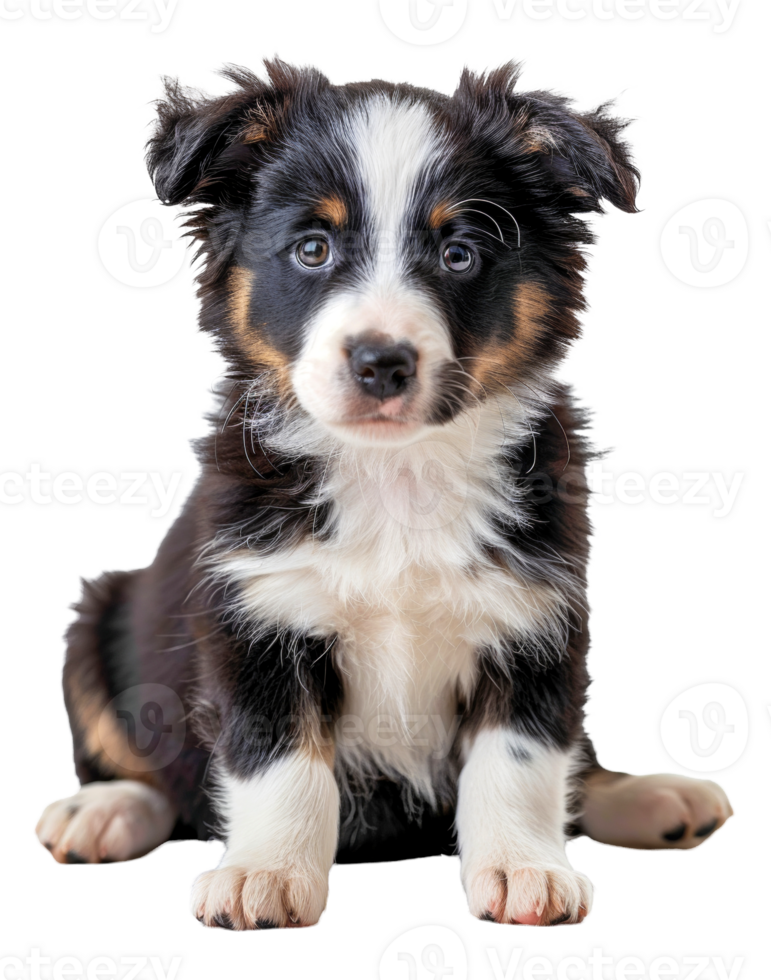 AI generated Adorable black and white puppy with bright blue eyes on transparent background - stock png. png