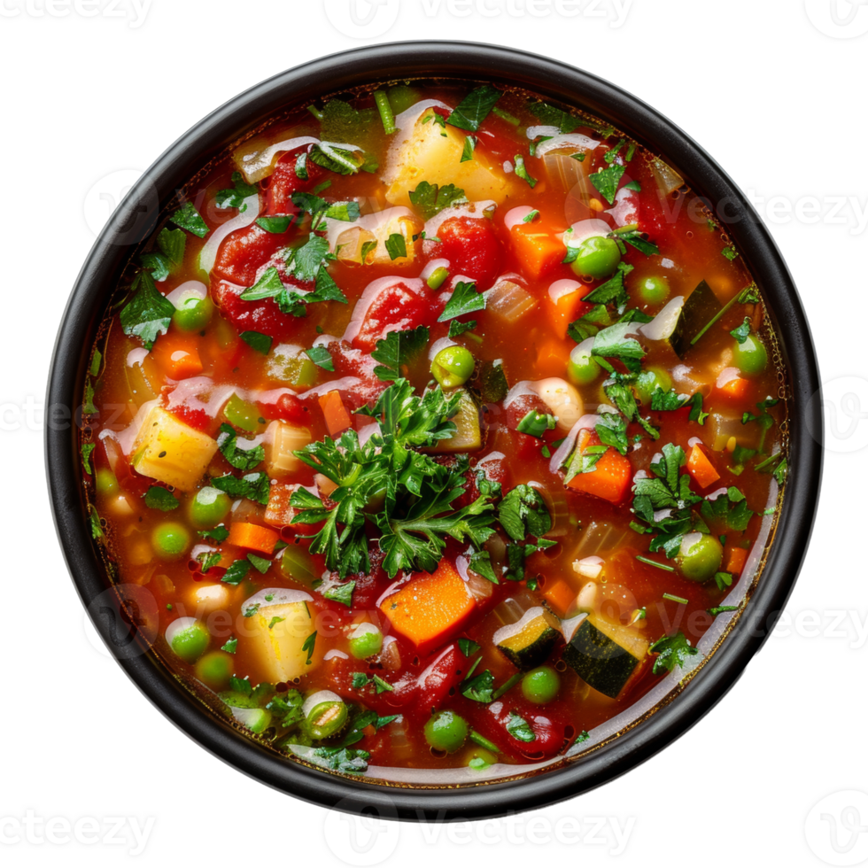 AI generated Hearty vegetable broth soup minestrone with a medley of garden vegetables on transparent background - stock png. png