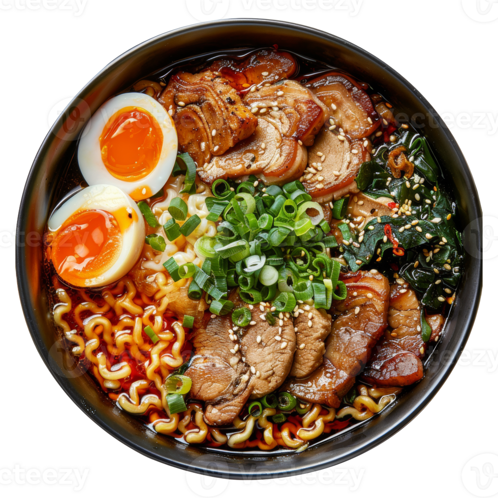 AI generated Hearty beef noodle soup Ramen with soft-boiled eggs and scallions on transparent background - stock png. png