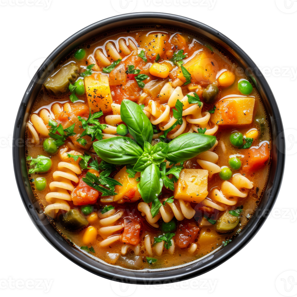 AI generated Hearty vegetable broth soup minestrone with a medley of garden vegetables on transparent background - stock png. png