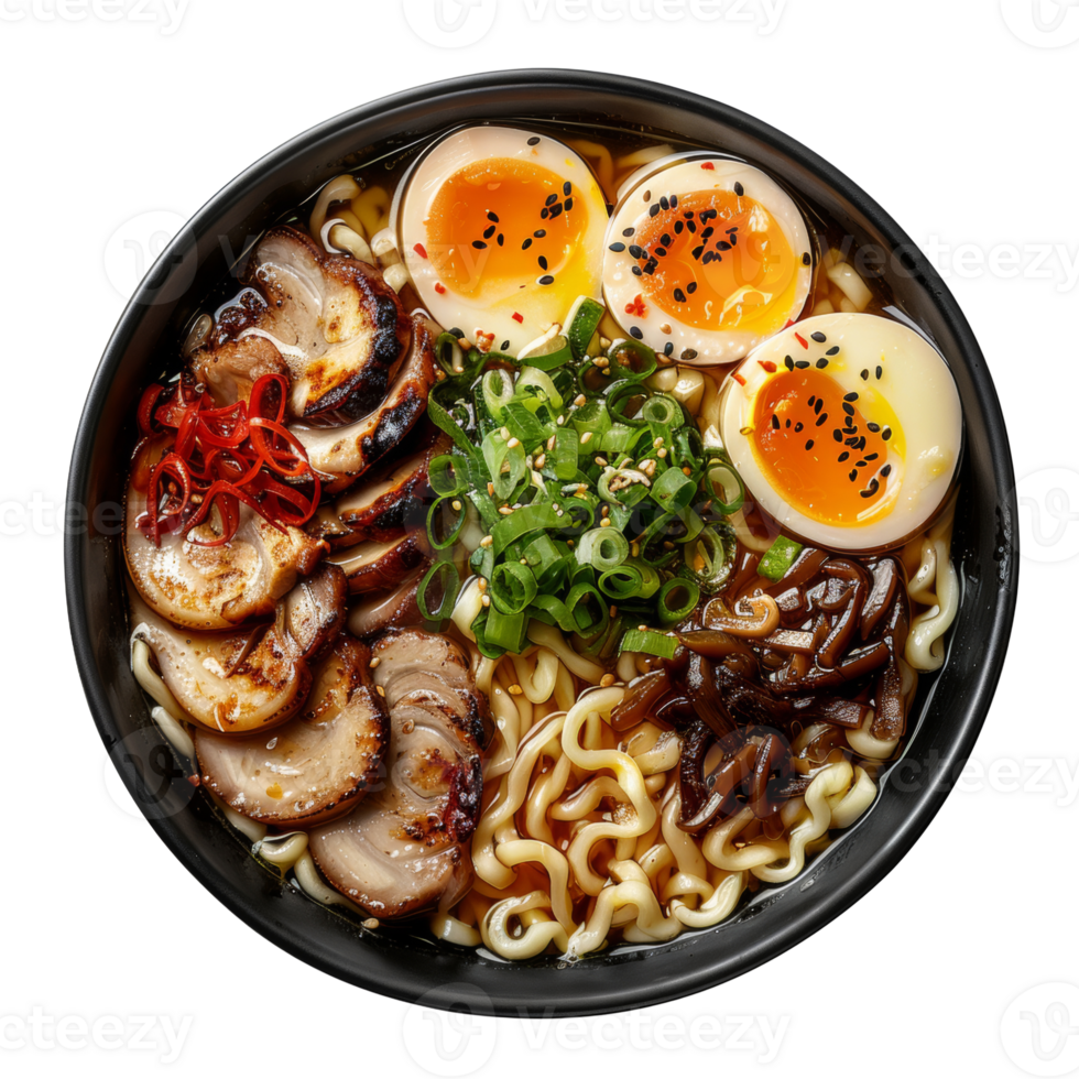 AI generated Hearty beef noodle soup Ramen with soft-boiled eggs and scallions on transparent background - stock png. png