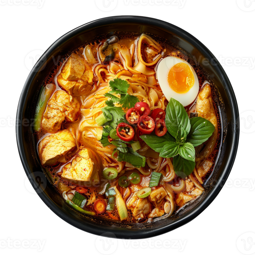 AI generated Spicy tofu noodle soup with egg, fresh vegetables, and herbs on transparent background - stock png. png
