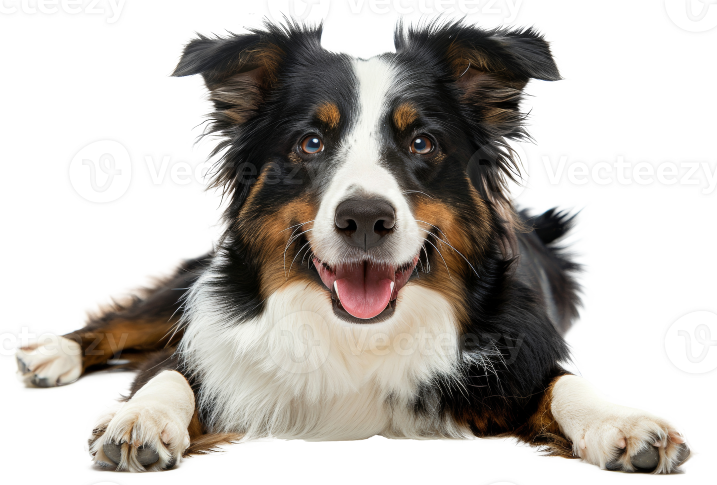 AI generated Happy Australian shepherd dog lying down with tongue out on transparent background - stock png. png