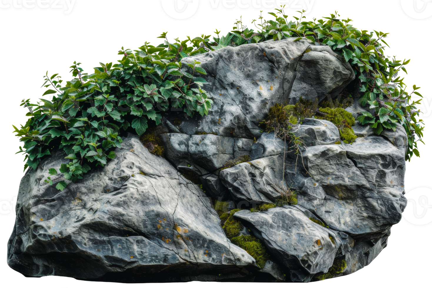 AI generated Natural rock with lush vegetation and white flowers on transparent background - stock png. png