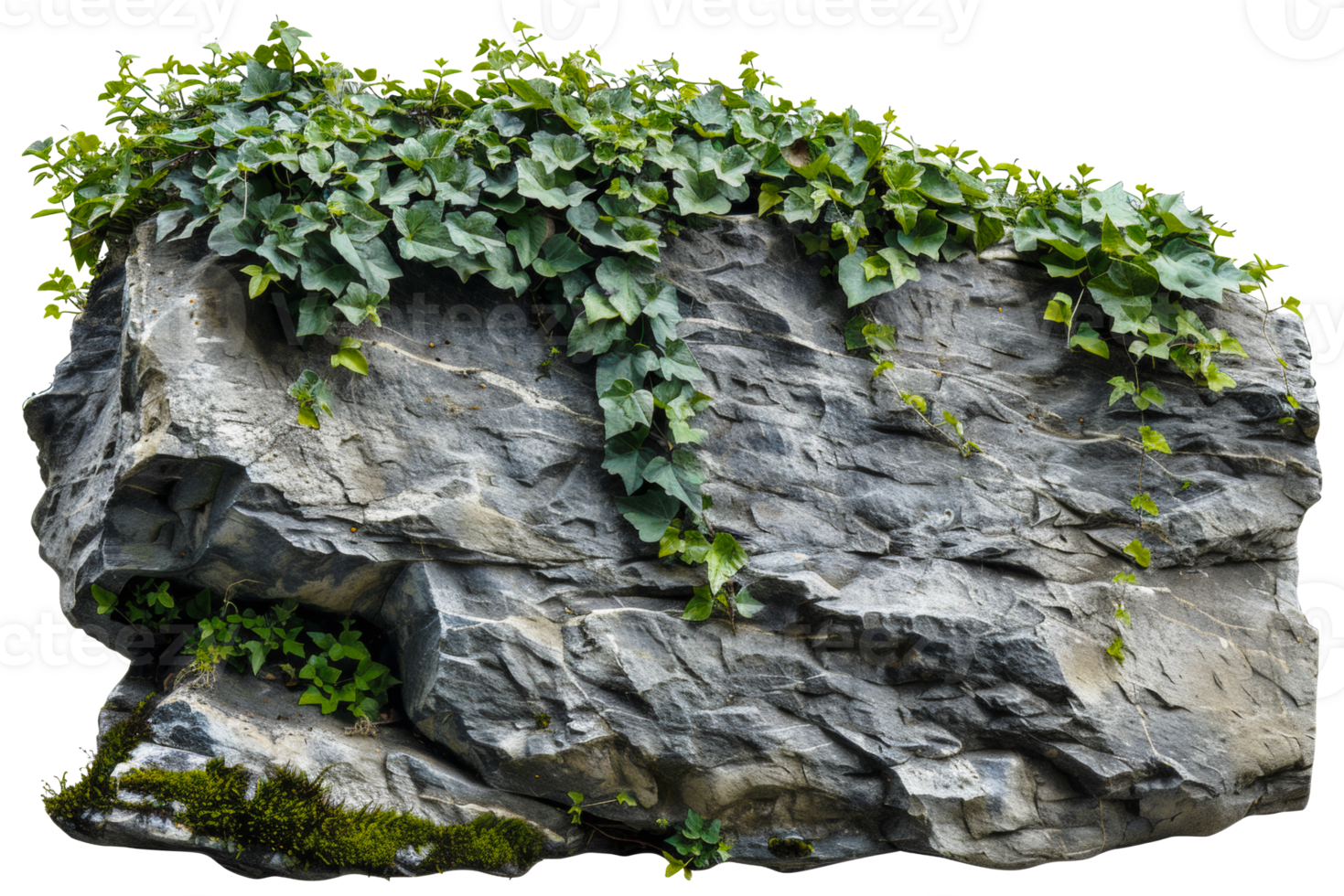 AI generated Natural rock with lush vegetation and white flowers on transparent background - stock png. png