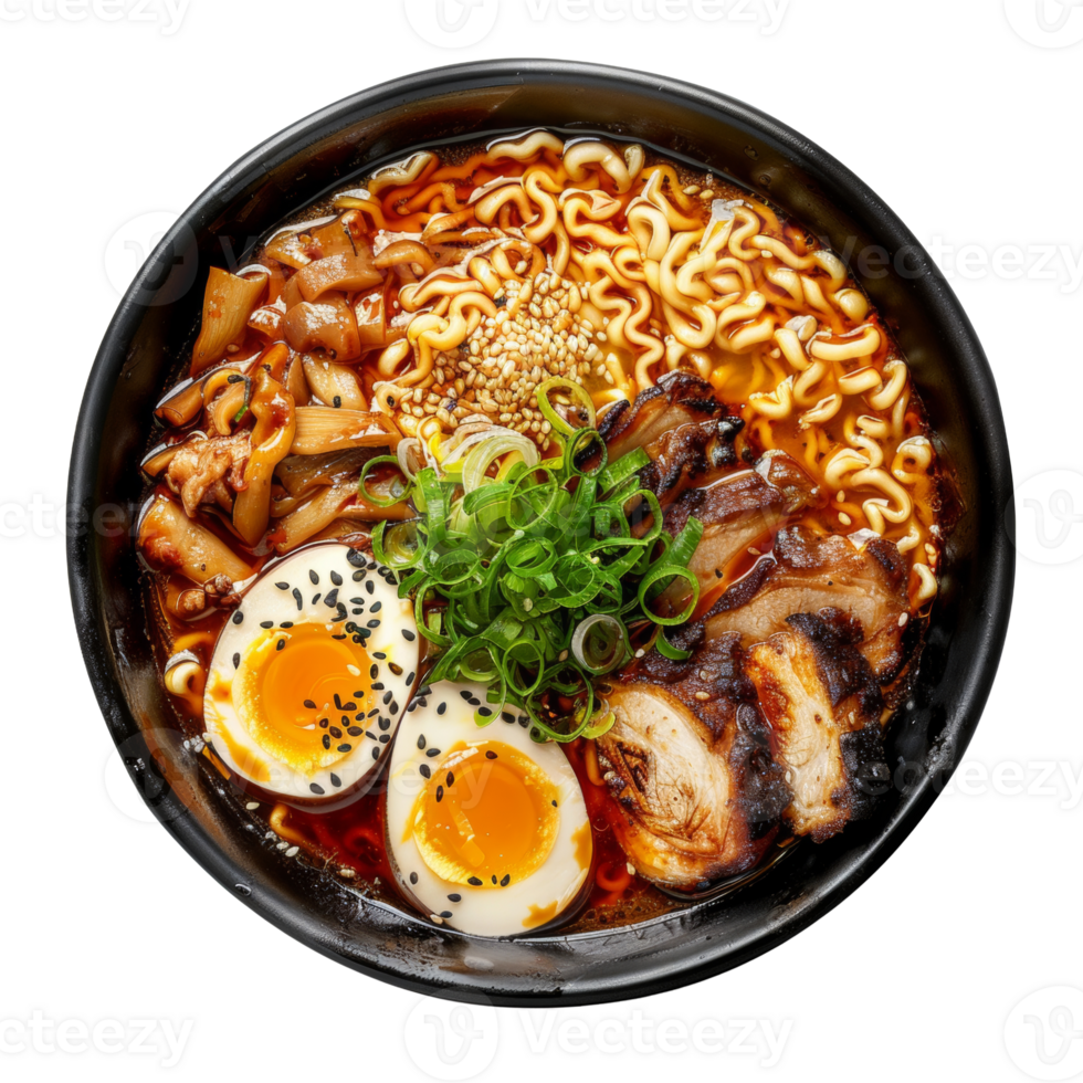 AI generated Hearty beef noodle soup Ramen with soft-boiled eggs and scallions on transparent background - stock png. png