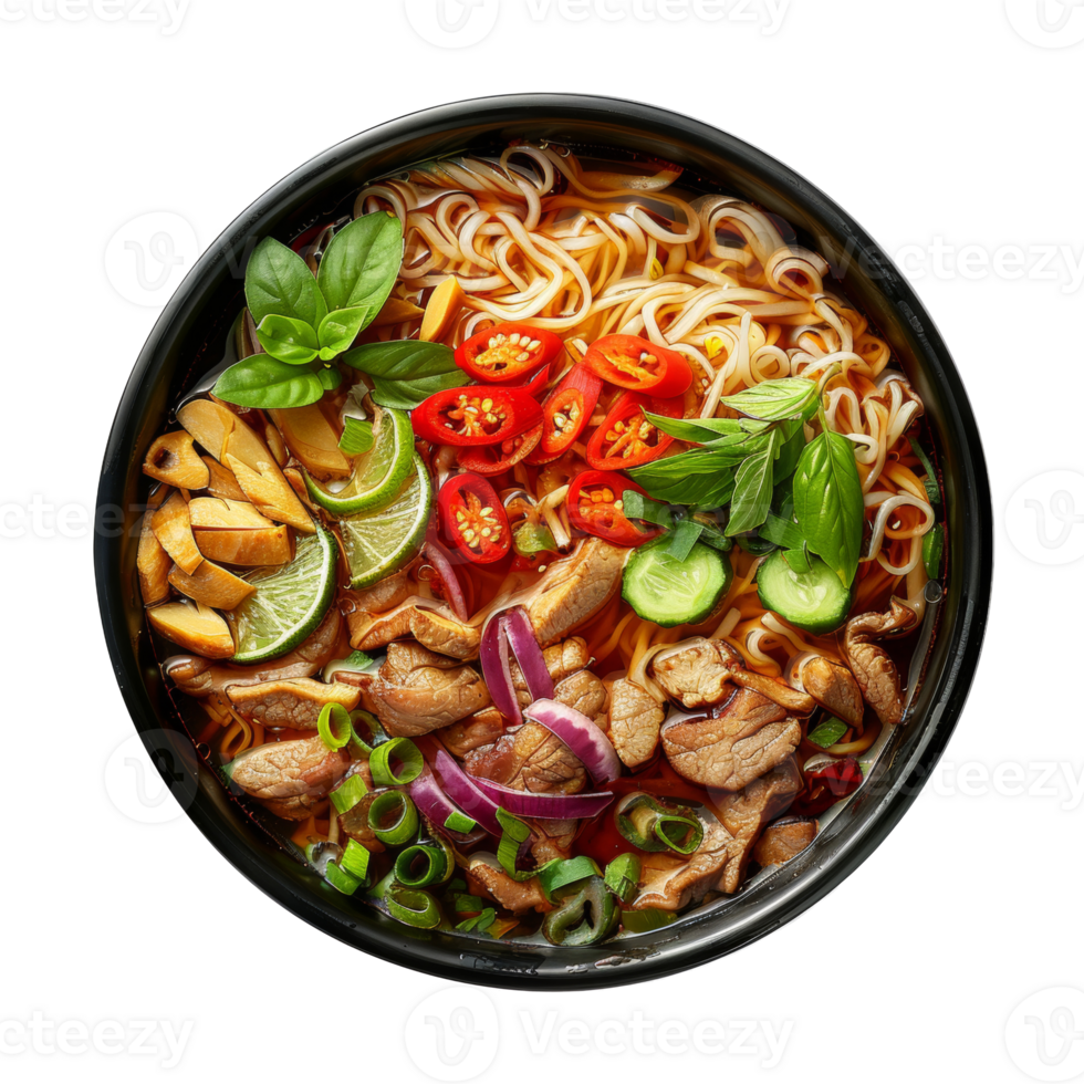 AI generated Flavorful chicken pho with herbs in rich broth on transparent background - stock png. png