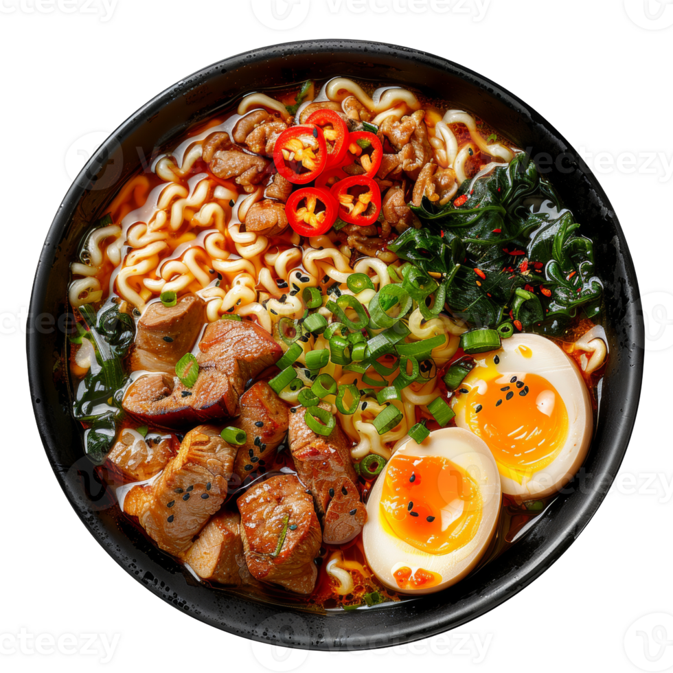 AI generated Hearty beef noodle soup Ramen with soft-boiled eggs and scallions on transparent background - stock png. png