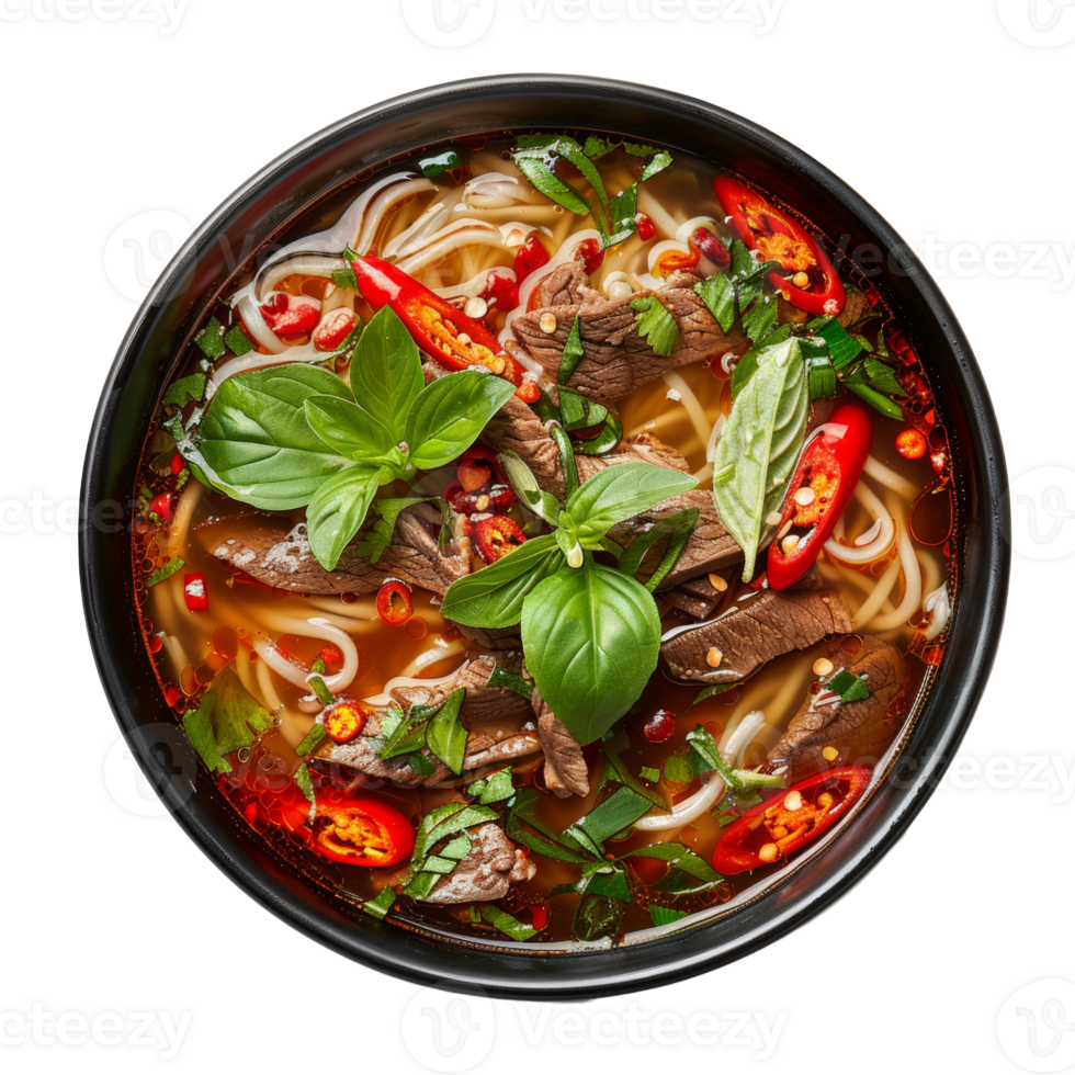 AI generated Traditional pho with beef, basil, and sliced chili in broth on transparent background - stock png. png