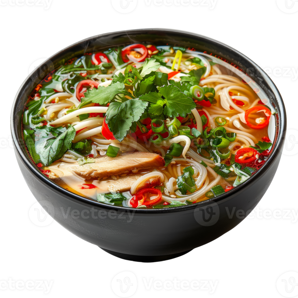 AI generated Traditional pho with beef, basil, and sliced chili in broth on transparent background - stock png. png