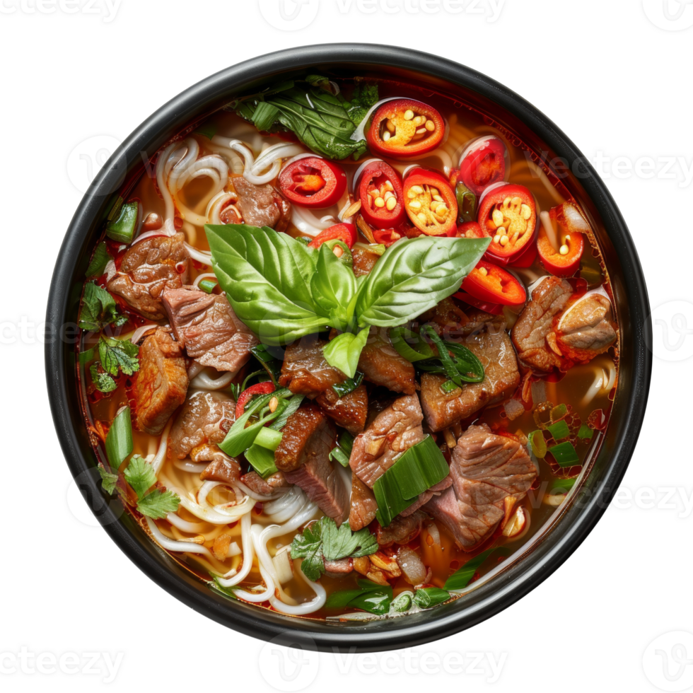 AI generated Spicy chicken noodle soup with fresh greens and red chili on transparent background - stock png. png