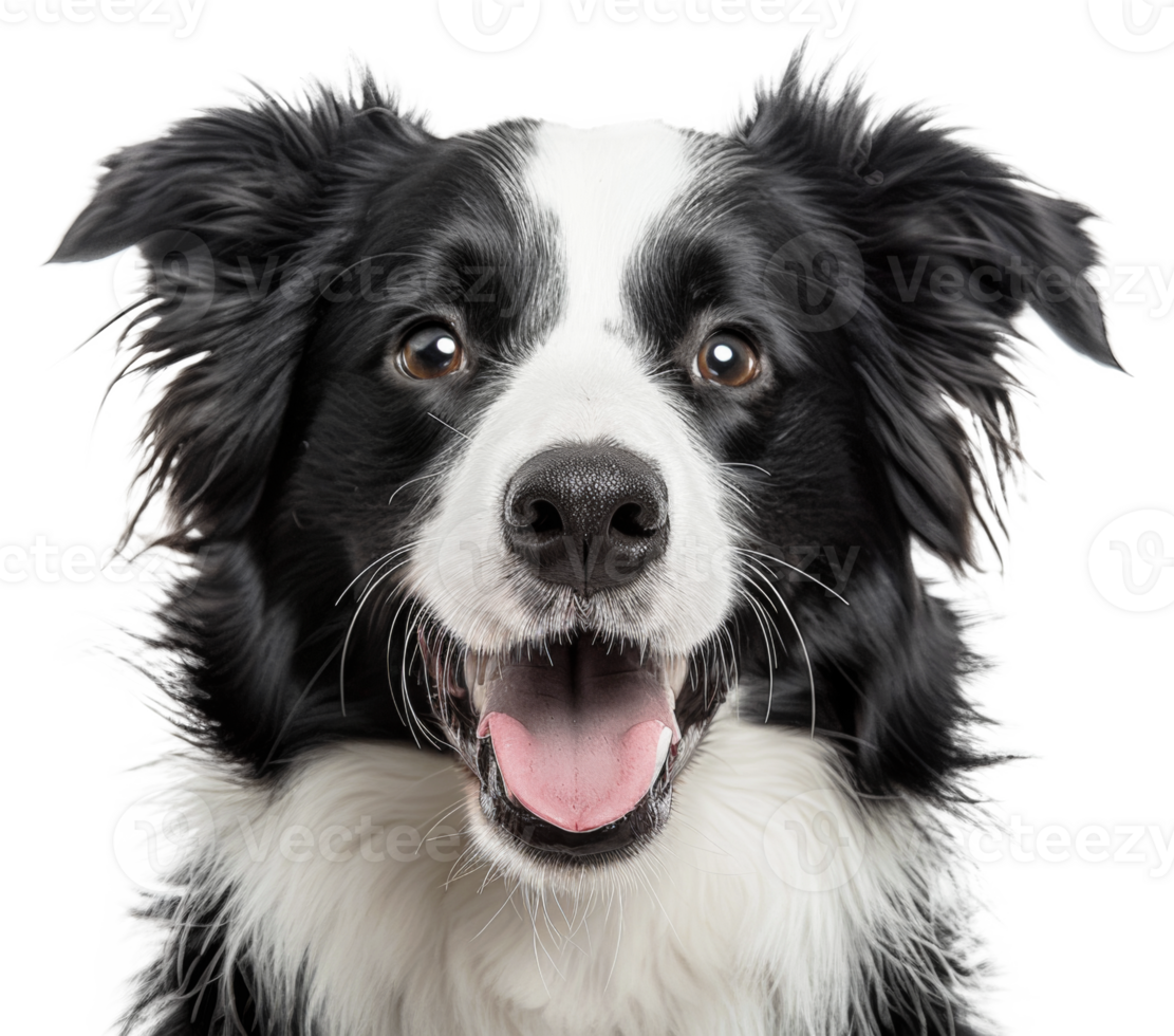 AI generated Smiling border collie with black and white fur looking forward on transparent background - stock png. png